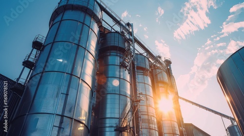 Industrial Silos at Sunset with Reflective Sky