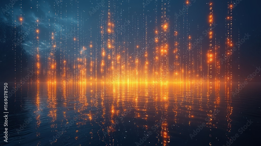 Fototapeta premium Glowing digital rain over a tranquil water surface.