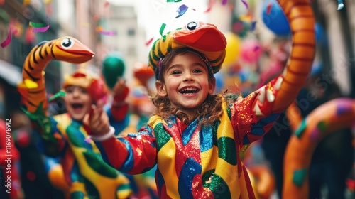 Children in Colorful Snake Costumes Dance Joyfully