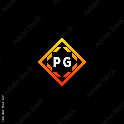 Free Download PG initials dynamic geometric logo design features a bold lettering sign in an orange and black color scheme, displayed against a dark background - GFXLoad