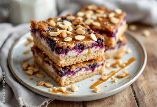 Wallpaper Mural Berry cake bars with caramel almond topping on a plate Torontodigital.ca