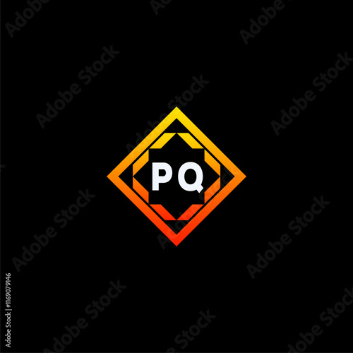 Free Download PQ initials dynamic geometric logo design features a bold lettering sign in an orange and black color scheme, displayed against a dark background - GFXLoad