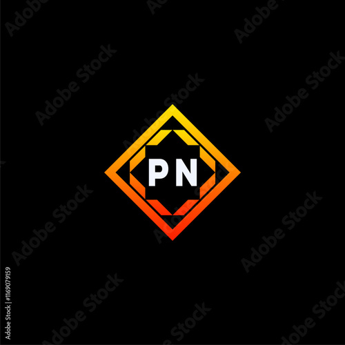 Free Download PN initials dynamic geometric logo design features a bold lettering sign in an orange and black color scheme, displayed against a dark background - GFXLoad