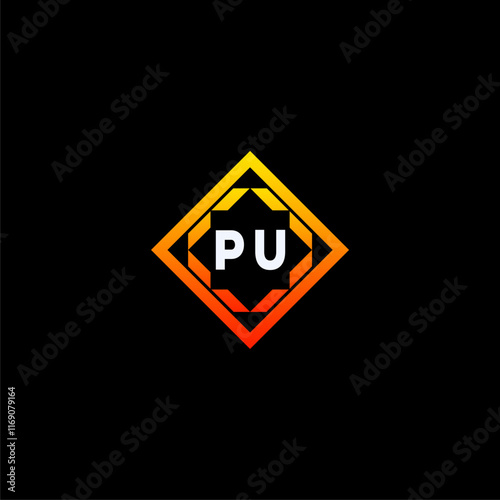 PU initials dynamic geometric logo design features a bold lettering sign in an orange and black color scheme, displayed against a dark background