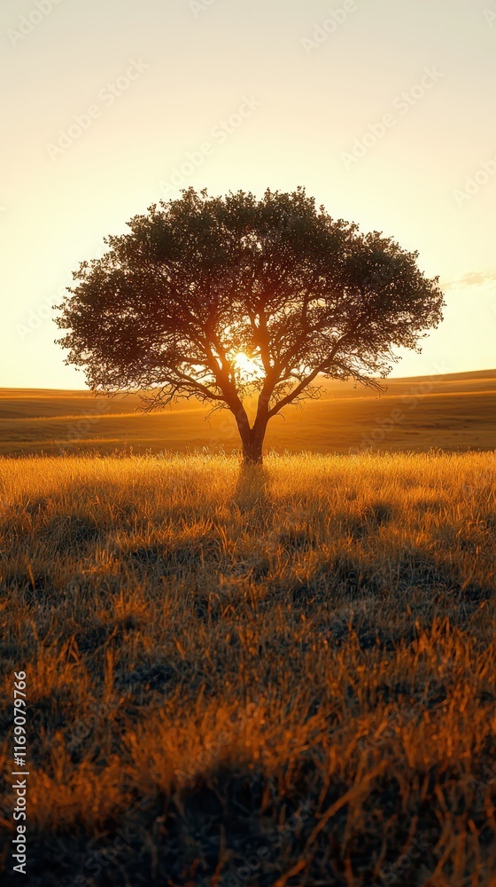 Lone tree in a vast prairie at sunset creating a serene and tranquil atmosphere Lone tree in a vast prairie at sunset creating a serene and tranquil atmosphere