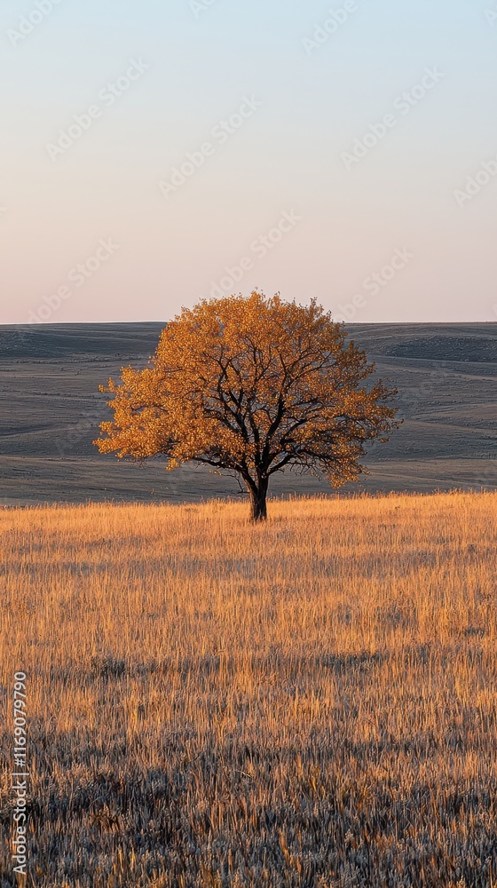 Fototapeta premium Lone tree in vast prairie illuminated by soft evening light as autumn leaves shimmer softly