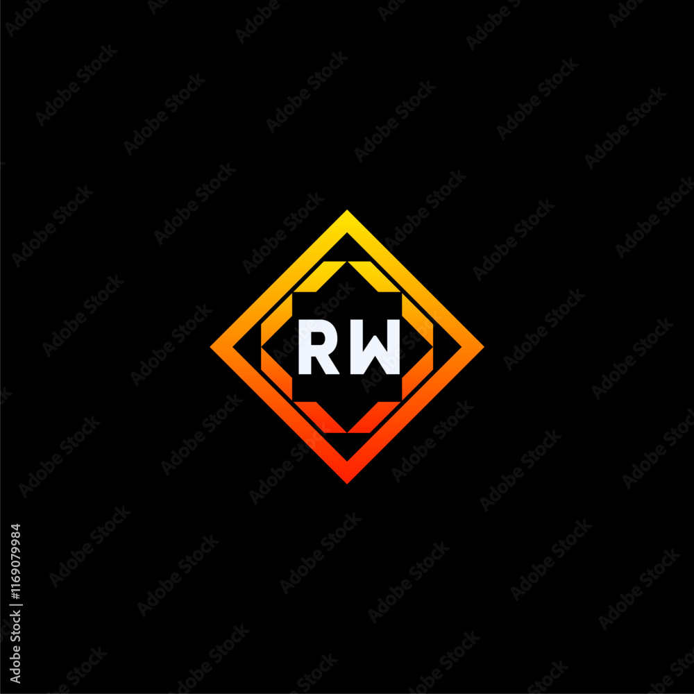 RW initials dynamic geometric logo design features a bold lettering sign in an orange and black color scheme, displayed against a dark background RW initials dynamic geometric logo design features a bold lettering sign in an orange and black color scheme, displayed against a dark background