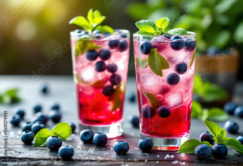 Blueberry mojito in tall glasses with mint, refreshing summer berry drink
