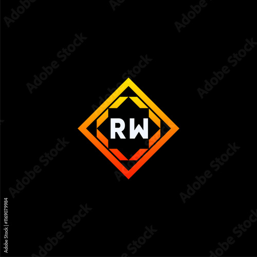 Free Download RW initials dynamic geometric logo design features a bold lettering sign in an orange and black color scheme, displayed against a dark background - GFXLoad