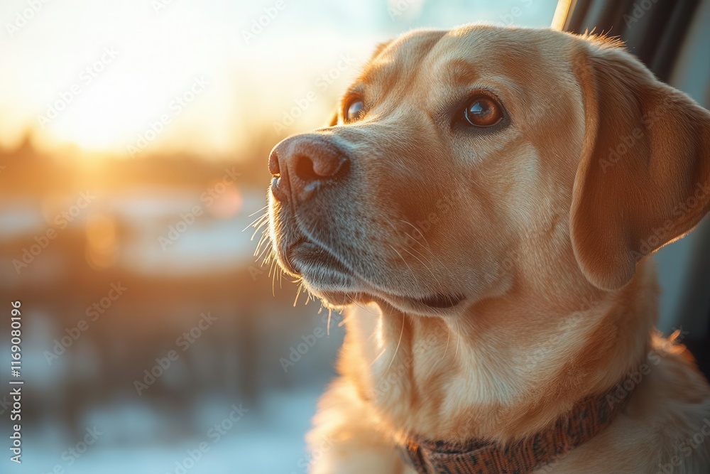 labrador dog sitting comfortably in a car radiating happiness and companionship with sunlight streaming through the window creating a warm and inviting atmosphere labrador dog sitting comfortably in a car radiating happiness and companionship with sunlight streaming through the window creating a warm and inviting atmosphere
