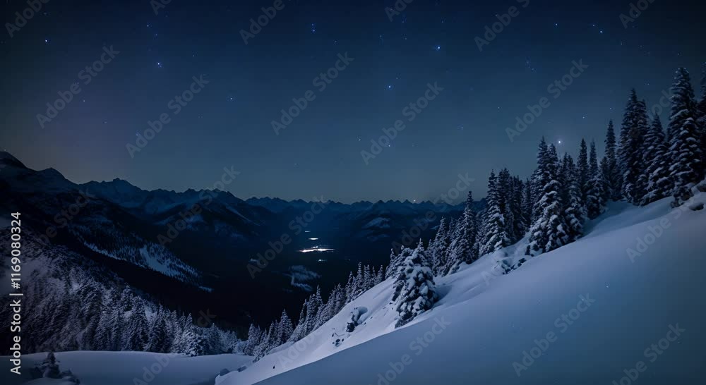 Starry Mountain Nights a clear night sky over snowy mountains, with a time-lapse of stars twinkling, while the camera slowly pans to encompass the serene, snow-covered landscape below