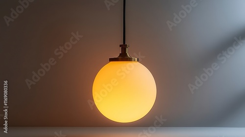 Glowing orb pendant lamp illuminates minimalist room. photo