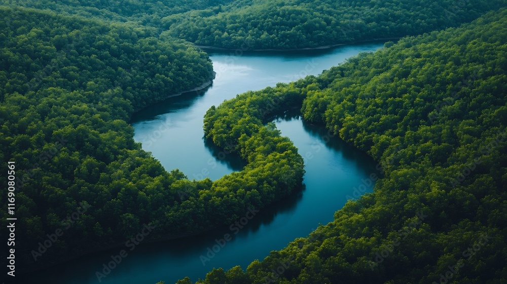 Aerial view of winding river through dense forest emphasizing the importance of water conservation Aerial view of winding river through dense forest emphasizing the importance of water conservation