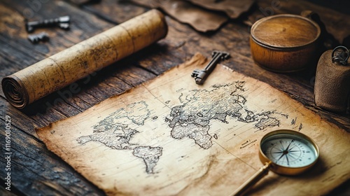A detailed close-up of a vintage world map laid out on an old wooden table. Surrounding elements include a compass, magnifying glass, and antique keys. Warm sepia tones create a nostalgic atmosphere.