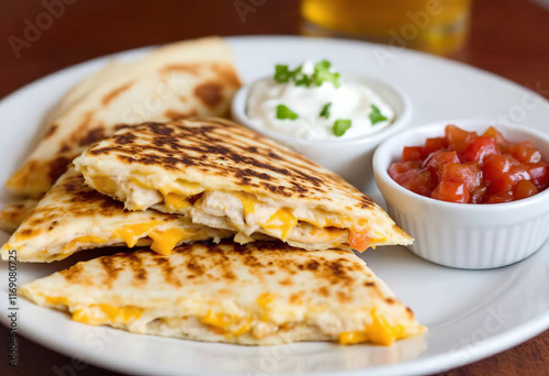 Cheddar and chicken quesadillas cut into slices on a plate served with sour cream and salsa