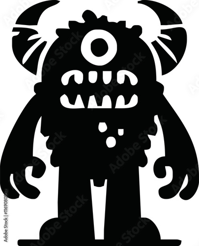 Happy Halloween. Cute monster icon Cartoon kawaii funny baby character. silhouette. Sticker print. Eyes, horns, fang teeth, wing. Childish style. Flat design Black background Vector