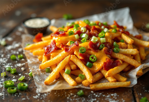 Cheese fries with bacon, jalapenos and green onions
