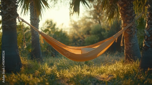Relaxing moments in a hammock between two palm trees at sunset in a serene tropical location