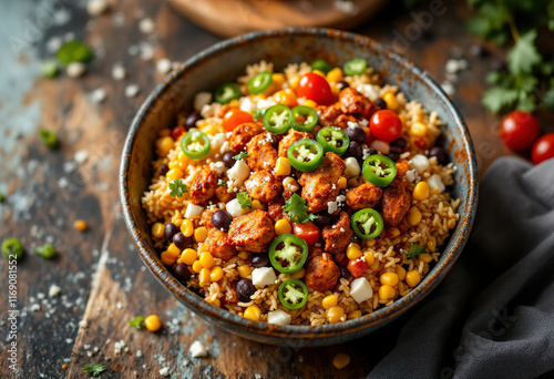 Chipotle spicy chicken lunch bowl with rice corn, beans, rice and jalapenos