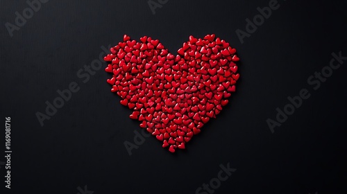 Red heart shape made of small hearts on black background.