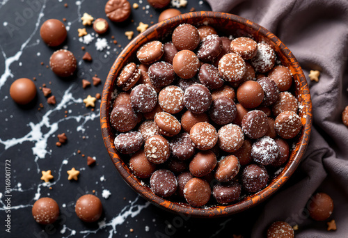 chocolate candies in a bowl on a dark marble background