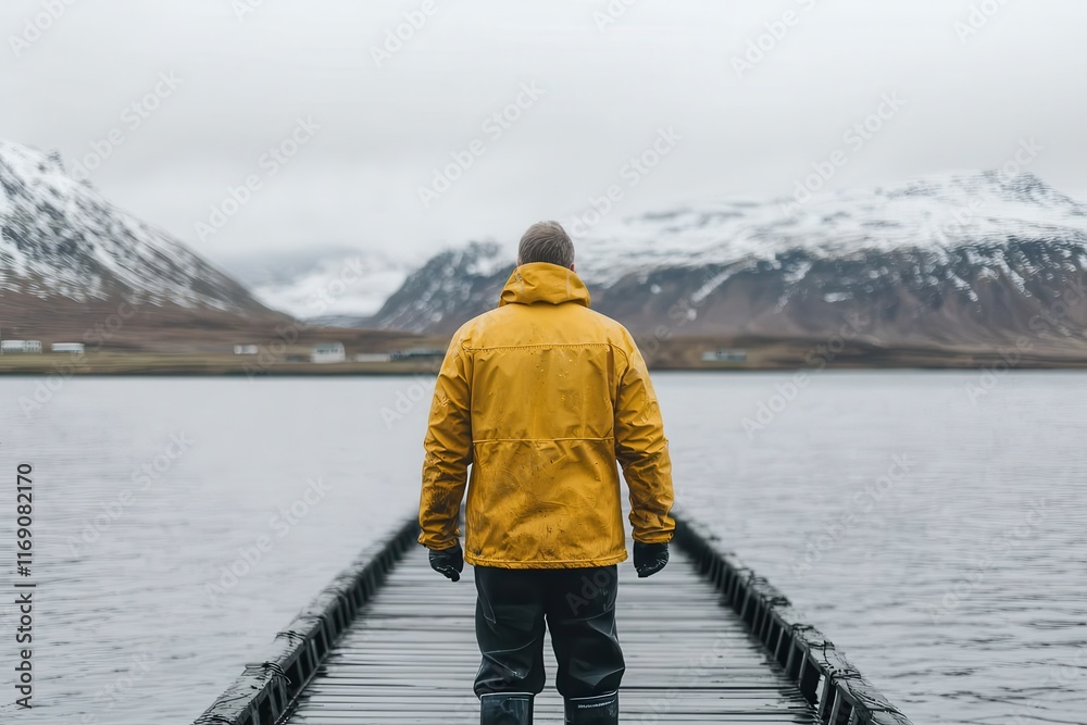 Food and travel combine adventure with gourmet experiences. Person in yellow jacket walking on a dock by a snowy lake. Food and travel combine adventure with gourmet experiences. Person in yellow jacket walking on a dock by a snowy lake.