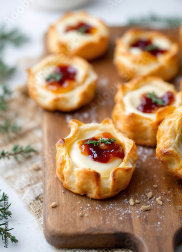 Christmas appetizers, puff pastry wheels filled with cheese and jam served on a wooden board