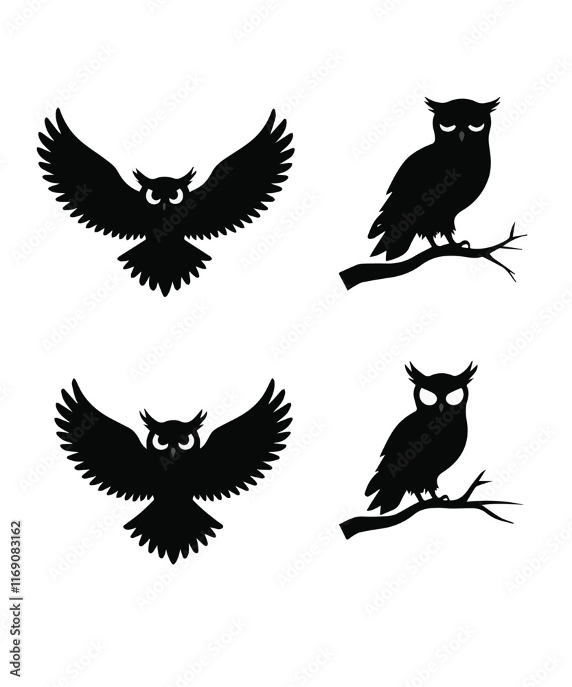 Obraz premium Black Owl Silhouettes Set in Varied Poses on Dark Background