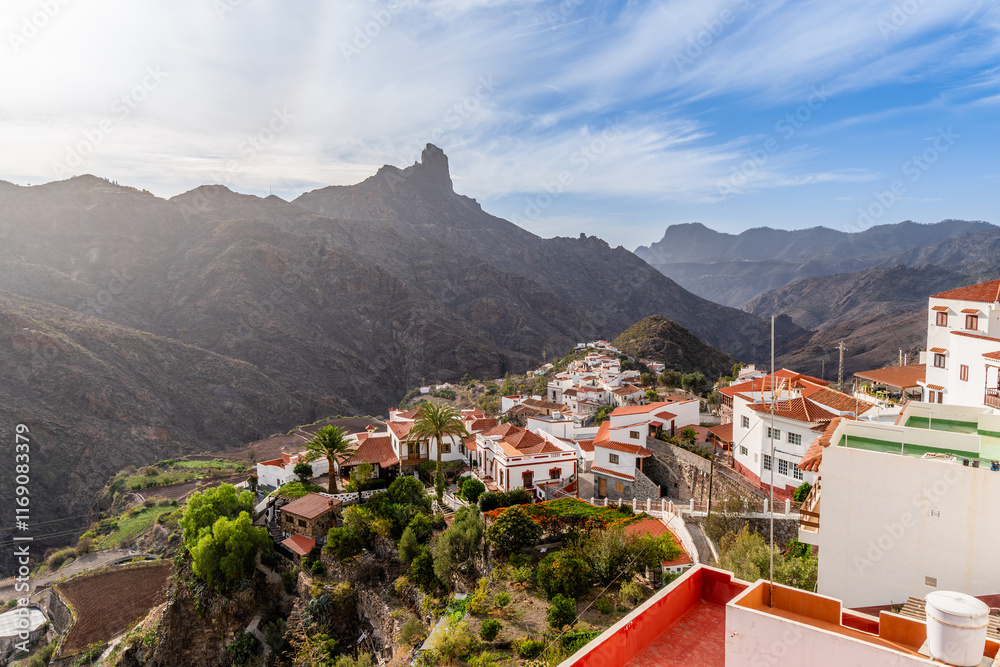 Fototapeta premium Panoramic view of Tejeda and Roque Bentayga, Canary Islands, Spain. November 2024