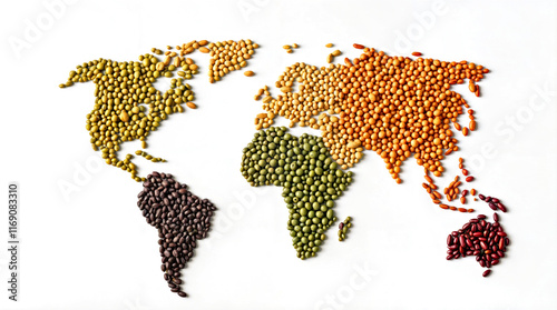 World Map Created with Assorted Colorful Beans on White Background.World pulses day concept