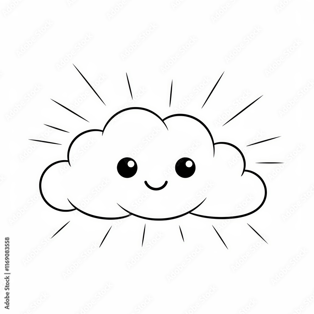 Obraz premium Cute Cartoon Cloud with Cheerful Face and Radiating Sunshine Beams
