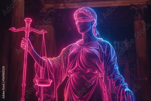 Neon pink and blue Lady Justice statue with scales and blindfold. AI generative. .
