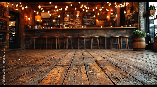 Rustic bar interior with wooden floor, bar stools, and warm lighting.