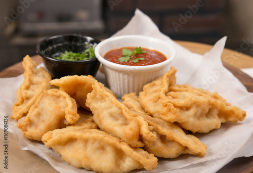 Deep fried potstickers or dumplings with dipping sauces