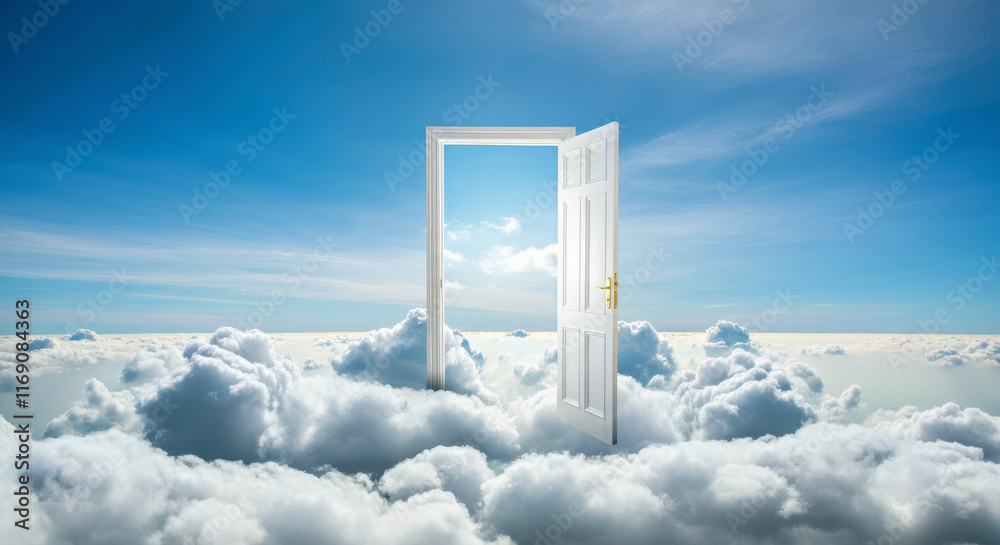 Open Doorway to Blue Sky and Clouds: Surreal Dreamlike Escape and Opportunity Concept Open Doorway to Blue Sky and Clouds: Surreal Dreamlike Escape and Opportunity Concept