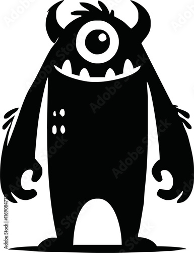 Happy Halloween. Cute monster icon Cartoon kawaii funny baby character. silhouette. Sticker print. Eyes, horns, fang teeth, wing. Childish style. Flat design Black background Vector