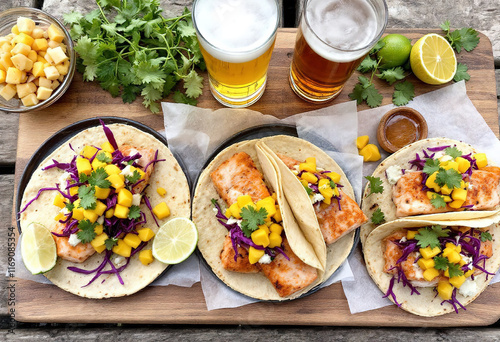Fish tacos with mango salsa and red cabbage, salmon tacos board with beer and hot honey