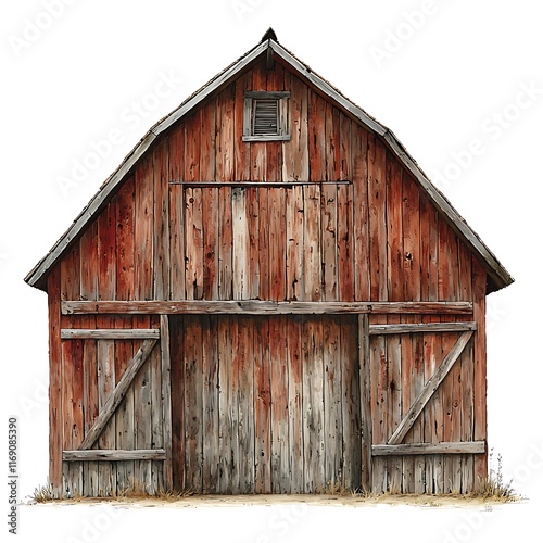 Rustic red wooden barn isolated on white background.