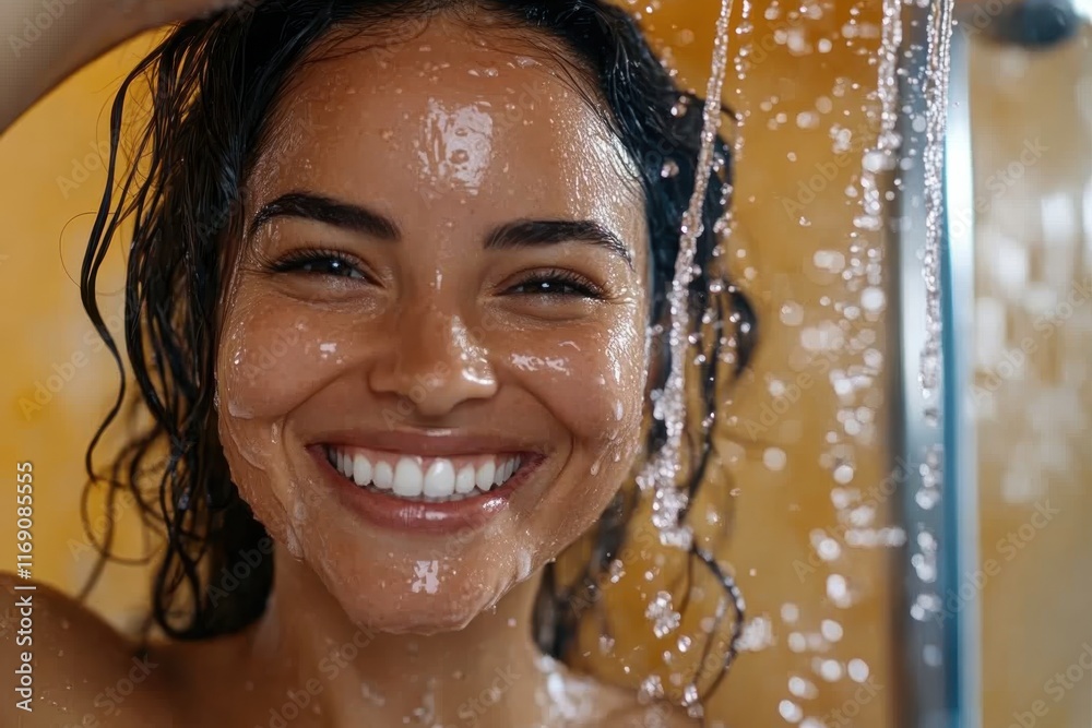 Obraz premium A joyful woman stands in the shower, water cascading down her glistening skin, embodying vitality, beauty, and a sense of rejuvenation through her bright smile.