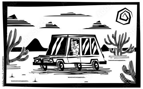 Cordel de um homem dirigindo um carro por uma paisagem típica do sertão nordestino brasileiro. Arte em xilogravura com detalhes tradicionais e texturas rústicas