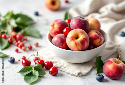 Fresh stone fruits cherries peaches plums in white bowl