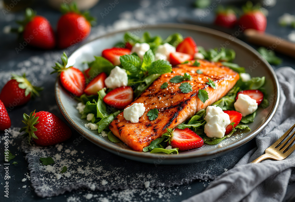 Fresh strawberries and goat cheese salad with grilled salmon Fresh strawberries and goat cheese salad with grilled salmon