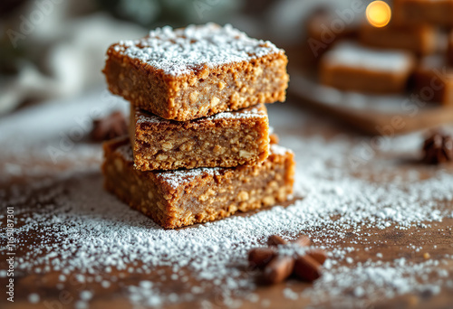 Gingerbread spiced bars with powdered sugar for Christmas