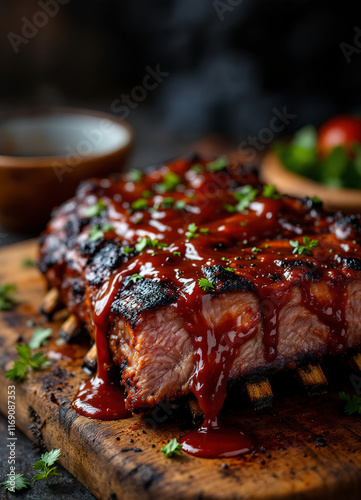Grilled bbq ribs with barbeque sauce on a board