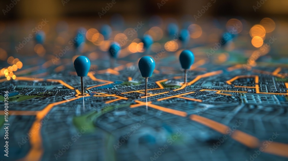 Blue pins on a map with blurred orange street lines. AI generative. . Blue pins on a map with blurred orange street lines. AI generative. .