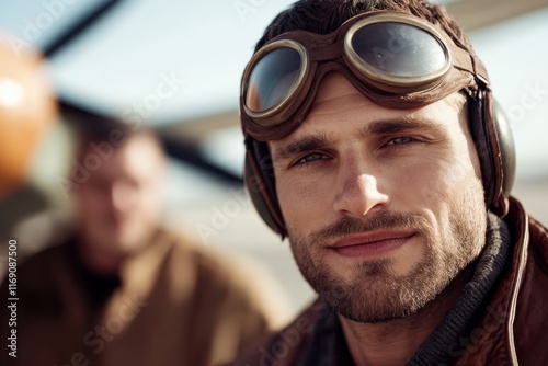 A classic aviator wearing vintage goggles poses, capturing the adventurous spirit of aviation against a blurred aircraft background, reflecting confidence and a love for flight. photo