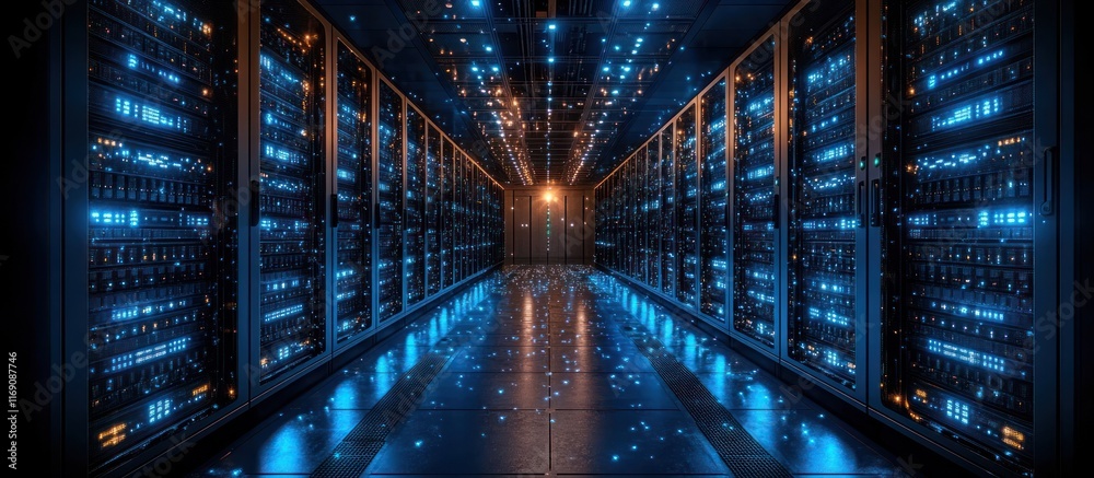 Fototapeta premium Futuristic server room with glowing racks and data center corridor.