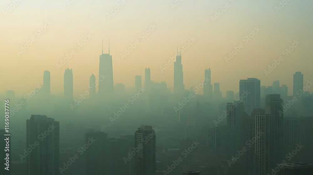 Obraz premium Smoggy Cityscape: A Hazy Chicago Skyline at Dawn