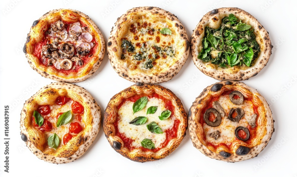 Delicious Assortment of Artisan Wood-Fired Pizzas with Fresh Ingredients and Unique Toppings Arranged in a Circular Display on a White Background Delicious Assortment of Artisan Wood-Fired Pizzas with Fresh Ingredients and Unique Toppings Arranged in a Circular Display on a White Background