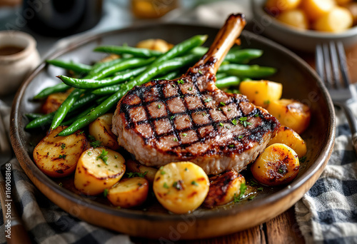 Grilled or roasted lamb chops with green beans and potatoes, spring recipe